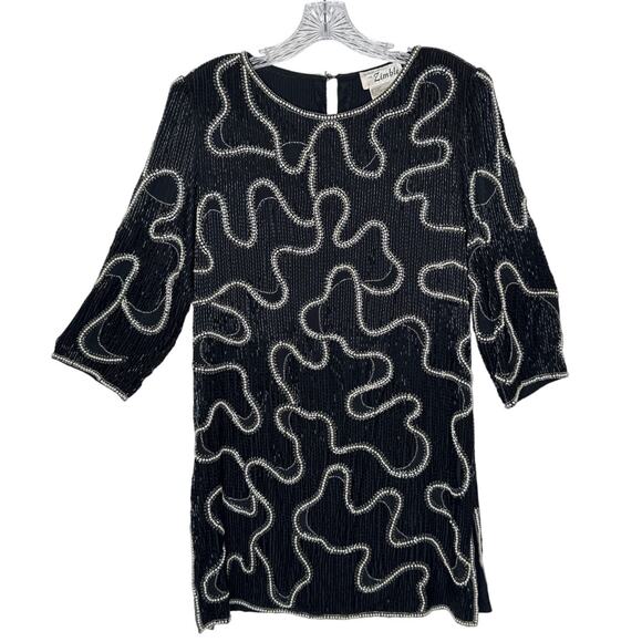 Vintage Michelle Yim for Zimble Silk Beaded Mini Dress Black Pearl 80s Glam M - Picture 3 of 16